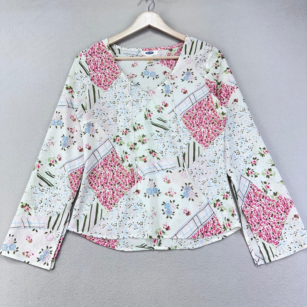 Vintage Y2K Floral Patchwork Blouse Womens XS Pink Cream Bell Sleeve Cottage